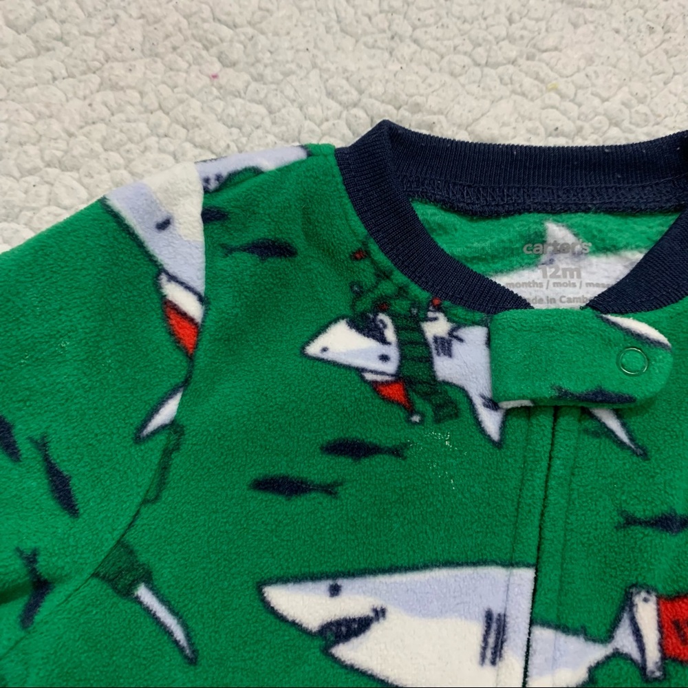 CARTER’S 1-Piece Green Christmas Shark Santa Holiday Fleece Footie PJs 12M - Picture 5 of 12